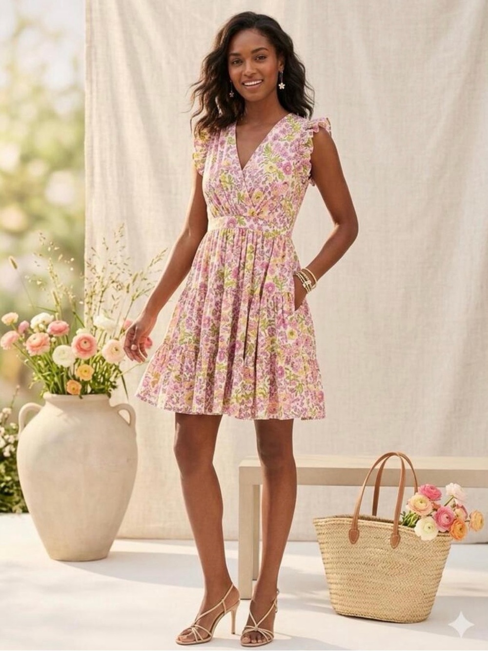 Taylor Pink Flutter Sleeve Ruffled Tiered Mini Dress